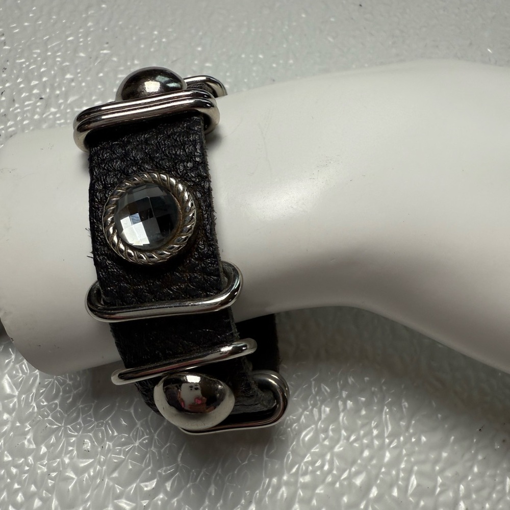 Natasha Black and Silver Leather Studded Crystal Snap Adjustable Bracelet